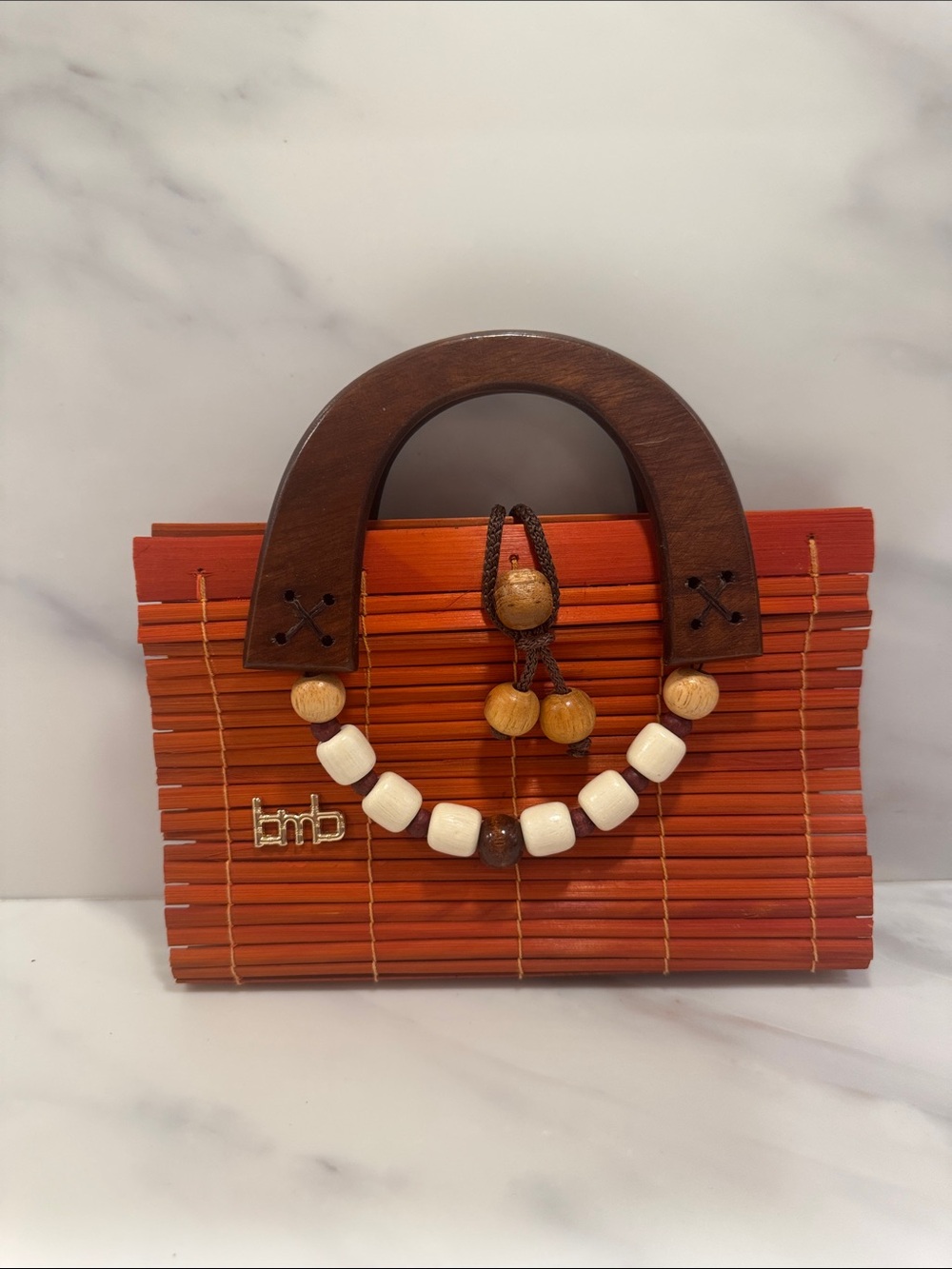Handcrafted Orange Bamboo Top-Handle Bag